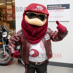 Maroon Squash mascot costume character dressed with a Biker Jacket and Scarves