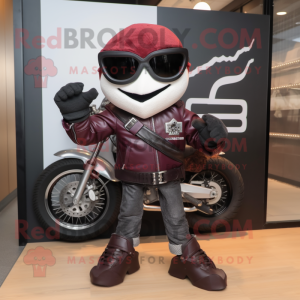 Maroon Squash mascot costume character dressed with a Biker Jacket and Scarves