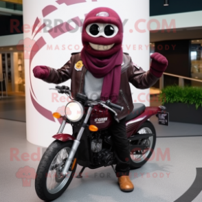 Maroon Squash mascot costume character dressed with a Biker Jacket and Scarves