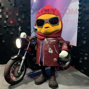 Maroon Squash mascot costume character dressed with a Biker Jacket and Scarves