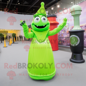 Lime Green Hourglass mascot costume character dressed with a Evening Gown and Mittens