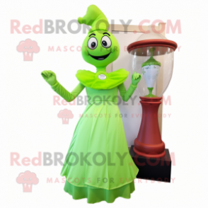 Lime Green Hourglass mascot costume character dressed with a Evening Gown and Mittens