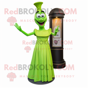Lime Green Hourglass mascot costume character dressed with a Evening Gown and Mittens