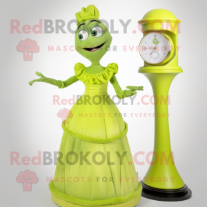 Lime Green Hourglass mascot costume character dressed with a Evening Gown and Mittens