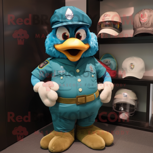 Teal Special Air Service mascot costume character dressed with a Rugby Shirt and Hats