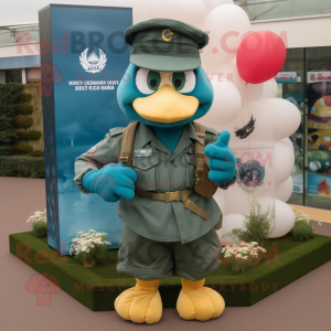 Teal Special Air Service mascot costume character dressed with a Rugby Shirt and Hats