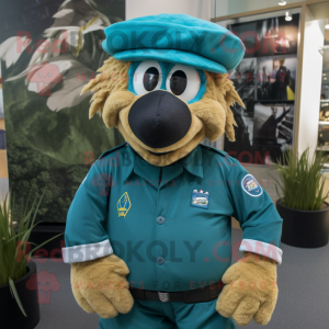 Teal Special Air Service mascot costume character dressed with a Rugby Shirt and Hats