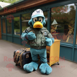 Teal Special Air Service mascot costume character dressed with a Rugby Shirt and Hats