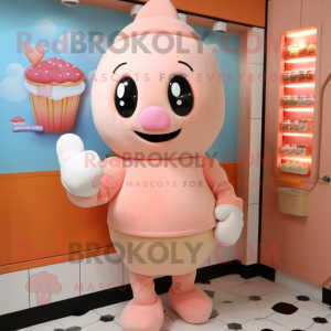 Peach Ice Cream mascot costume character dressed with a Turtleneck and Mittens