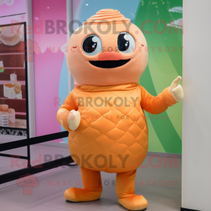 Peach Ice Cream mascot costume character dressed with a Turtleneck and Mittens