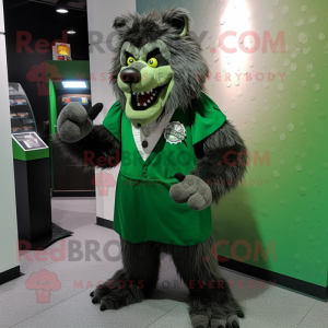 Green Werewolf mascot costume character dressed with a Dress Pants and Coin purses