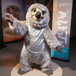 Silver Giant Sloth mascot costume character dressed with a Romper and Scarves