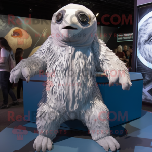 Silver Giant Sloth mascot costume character dressed with a Romper and Scarves