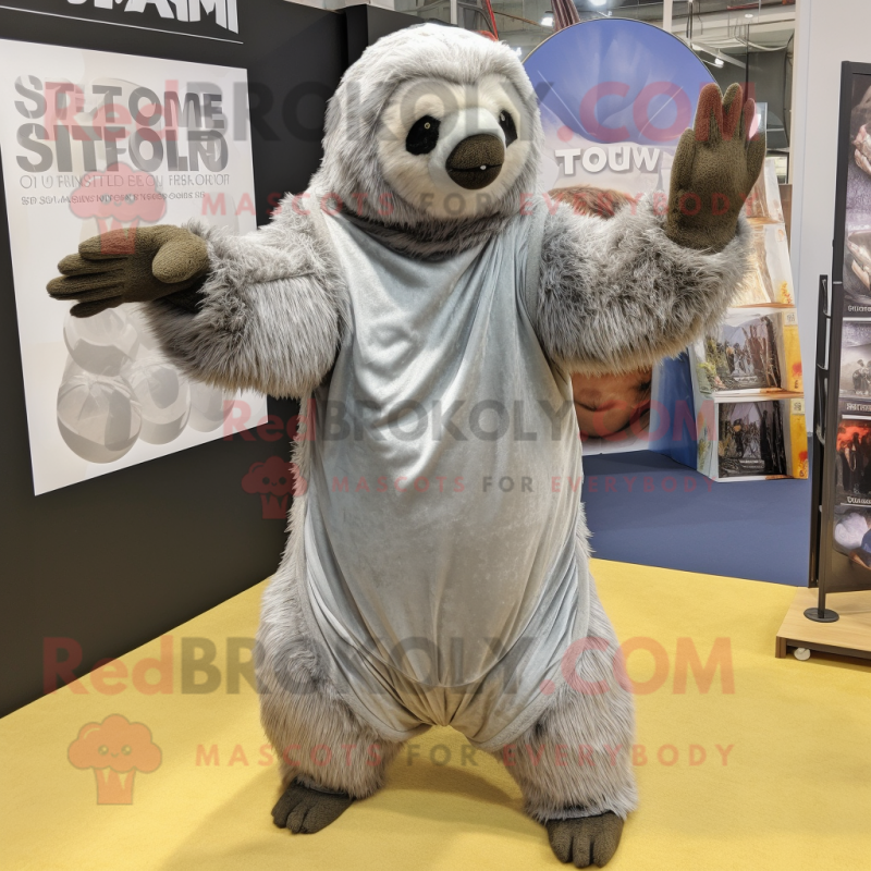 Silver Giant Sloth mascot costume character dressed with a Romper and Scarves