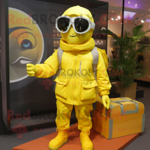 Lemon Yellow Para Commando mascot costume character dressed with a Windbreaker and Clutch bags