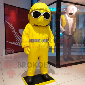 Lemon Yellow Para Commando mascot costume character dressed with a Windbreaker and Clutch bags