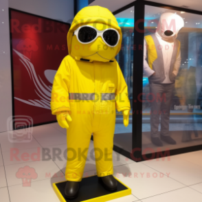 Lemon Yellow Para Commando mascot costume character dressed with a Windbreaker and Clutch bags