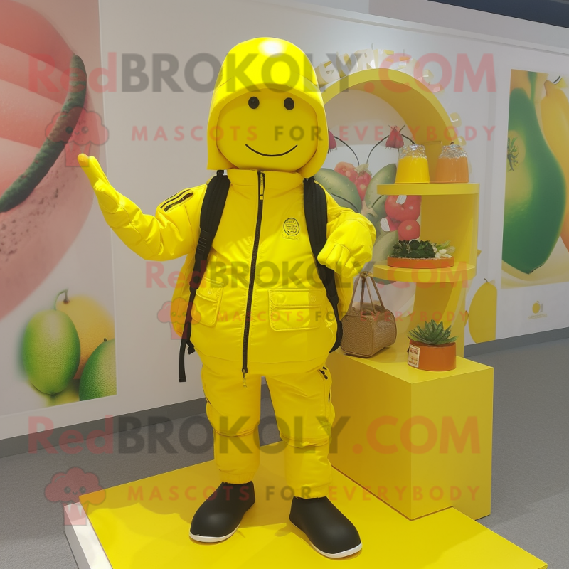 Lemon Yellow Para Commando mascot costume character dressed with a Windbreaker and Clutch bags