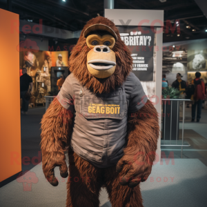 Rust Gorilla mascot costume character dressed with a Graphic Tee and Beanies