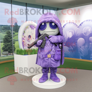 Lavender Sniper mascot costume character dressed with a Cover-up and Earrings