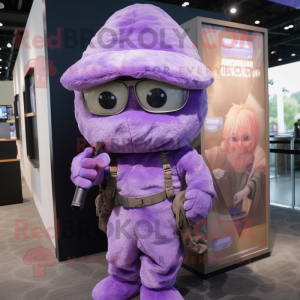 Lavender Sniper mascot costume character dressed with a Cover-up and Earrings