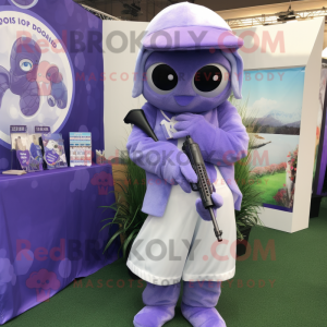 Lavender Sniper mascot costume character dressed with a Cover-up and Earrings