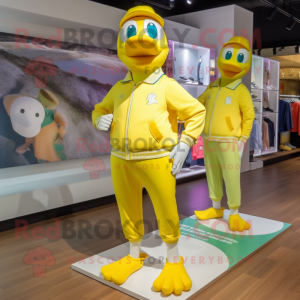 Lemon Yellow Geese mascot costume character dressed with a Joggers and Cummerbunds