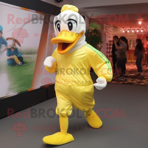 Lemon Yellow Geese mascot costume character dressed with a Joggers and Cummerbunds