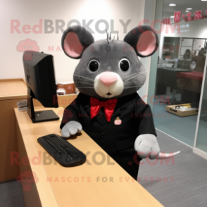 Black Hamster mascot costume character dressed with a Blouse and Tie pins