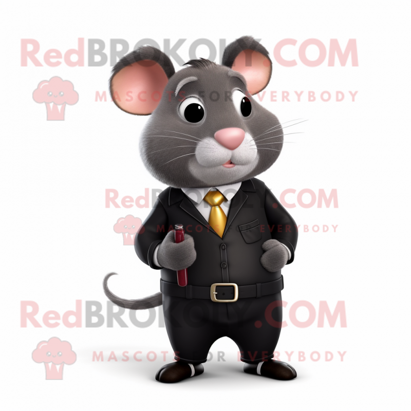 Black Hamster mascot costume character dressed with a Blouse and Tie pins