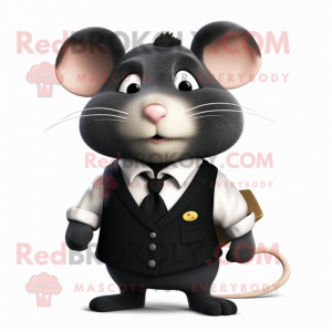 Black Hamster mascot costume character dressed with a Blouse and Tie pins