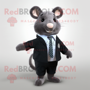 Black Hamster mascot costume character dressed with a Blouse and Tie pins