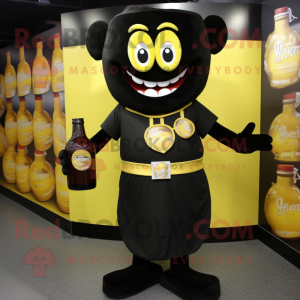 Black Bottle Of Mustard mascot costume character dressed with a Henley Shirt and Belts