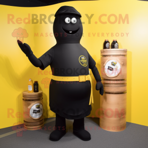 Black Bottle Of Mustard mascot costume character dressed with a Henley Shirt and Belts