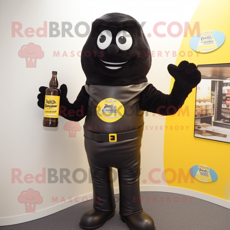 Black Bottle Of Mustard mascot costume character dressed with a Henley Shirt and Belts