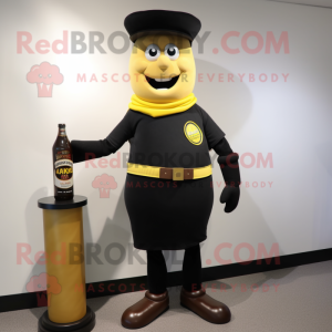 Black Bottle Of Mustard mascot costume character dressed with a Henley Shirt and Belts