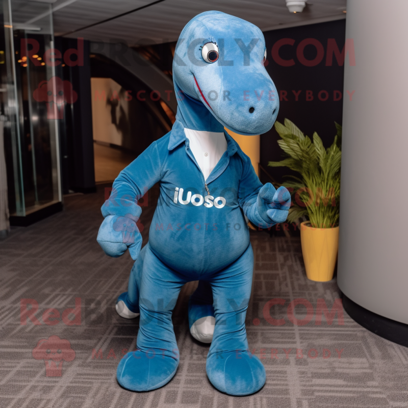 Blue Diplodocus mascot costume character dressed with a Jeans and Pocket squares