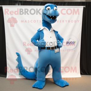 Blue Diplodocus mascot costume character dressed with a Jeans and Pocket squares