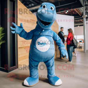 Blue Diplodocus mascot costume character dressed with a Jeans and Pocket squares