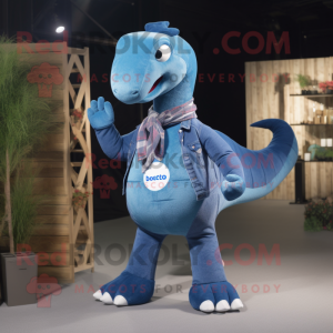 Blue Diplodocus mascot costume character dressed with a Jeans and Pocket squares