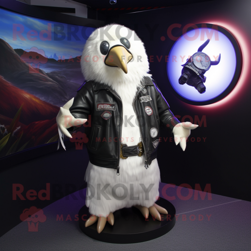 White Kiwi mascot costume character dressed with a Leather Jacket and Shawls White Kiwi mascot costume character dressed with a Leather Jacket and Shawls