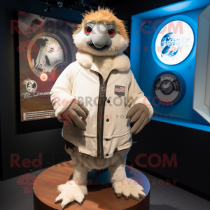 White Kiwi mascot costume character dressed with a Leather Jacket and Shawls