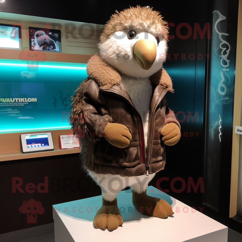White Kiwi mascot costume character dressed with a Leather Jacket and Shawls White Kiwi mascot costume character dressed with a Leather Jacket and Shawls