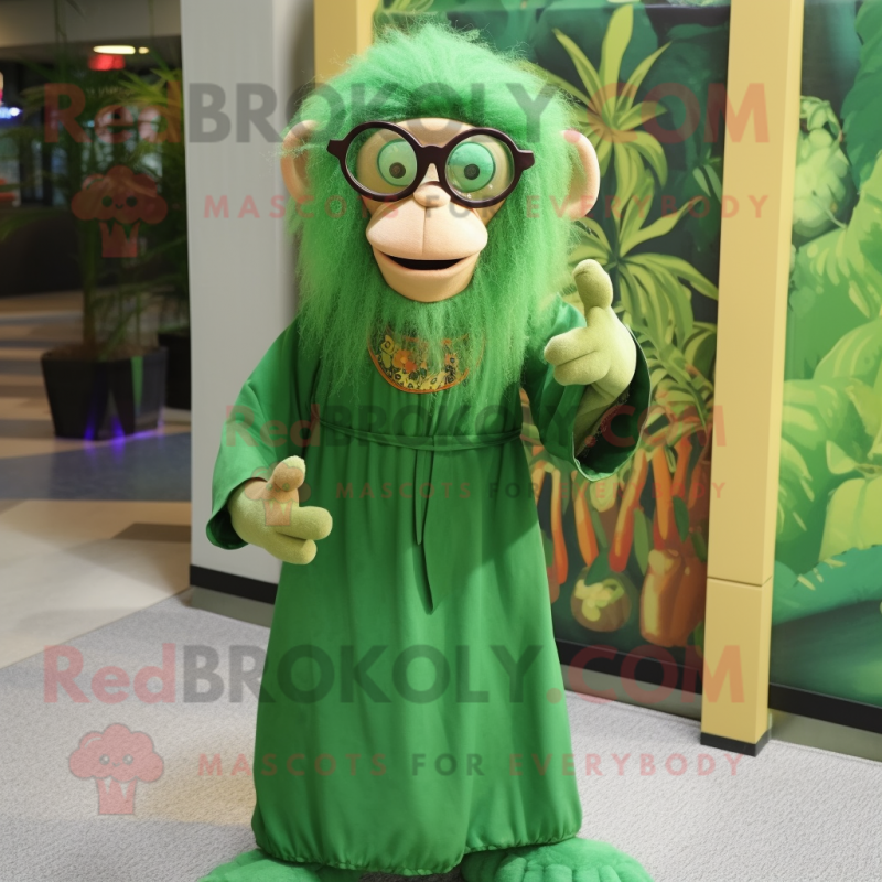 Green Monkey mascot costume character dressed with a Maxi Dress and Eyeglasses