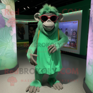 Green Monkey mascot costume character dressed with a Maxi Dress and Eyeglasses