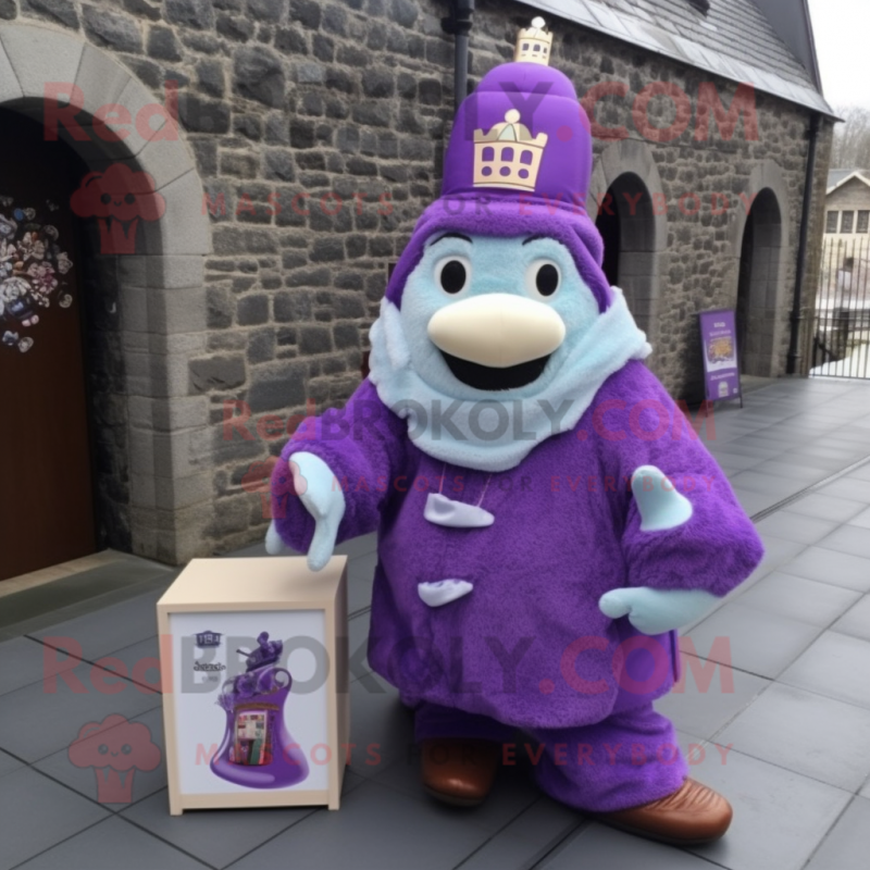 Lavender Irish Castle mascot costume character dressed with a Parka and Keychains Lavender Irish Castle mascot costume character dressed with a Parka and Keychains