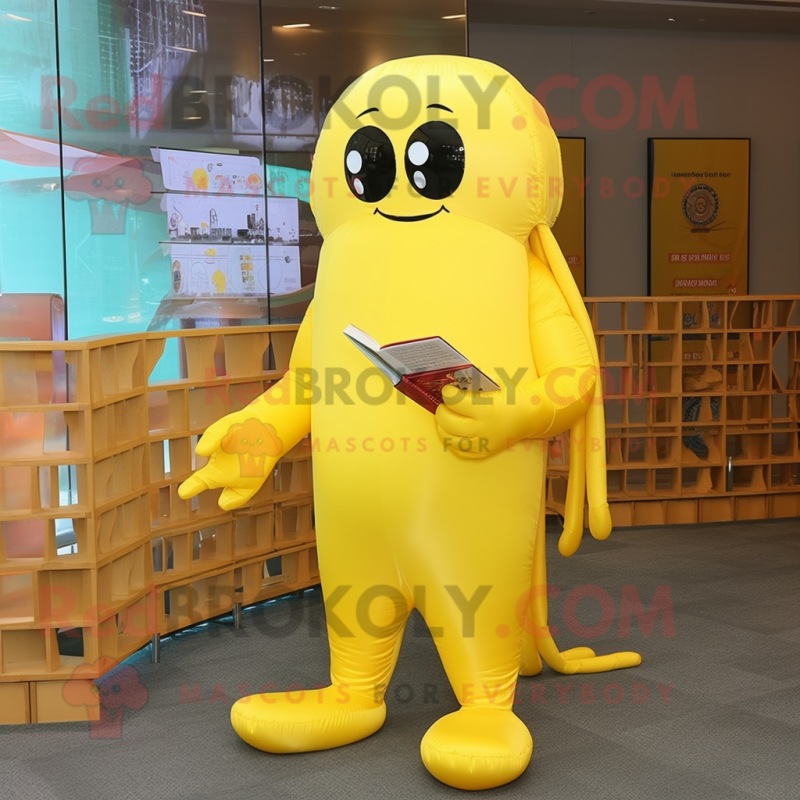 Yellow Jellyfish mascot costume character dressed with a Jumpsuit and Reading glasses Yellow Jellyfish mascot costume character dressed with a Jumpsuit and Reading glasses