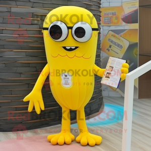 Yellow Jellyfish mascot costume character dressed with a Jumpsuit and Reading glasses