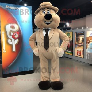 Tan Shepard'S Pie mascot costume character dressed with a Blazer and Suspenders