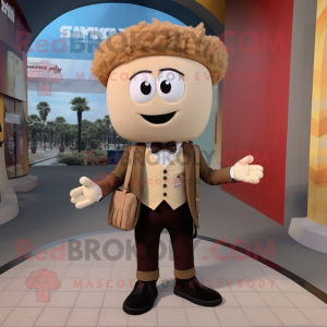 Tan Shepard'S Pie mascot costume character dressed with a Blazer and Suspenders